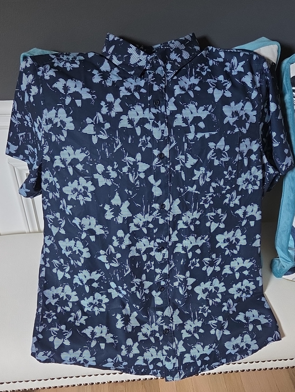 Travis Mathew Navy Shirt with Light Blue Floral Stripe Print